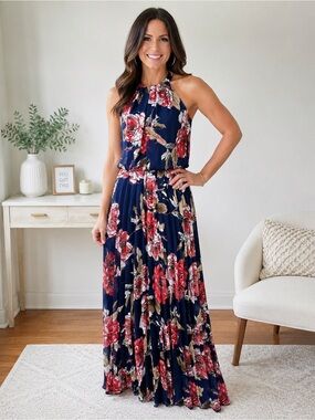 Bisou Bisou Navy Floral Maxi Dress with Pink & Cream Blooms